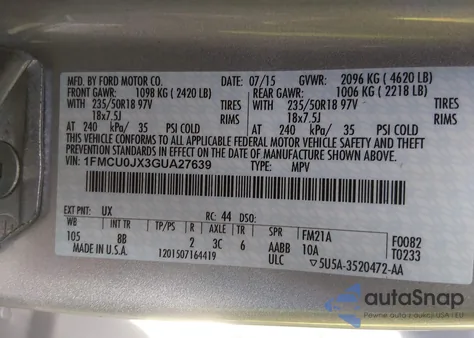 2016 Ford Escape Titanium из США, поврежденный, VIN 1FMCU0JX3GUA27639